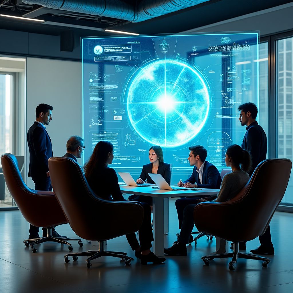 Equipo de trabajo colaborando en una oficina moderna y luminosa