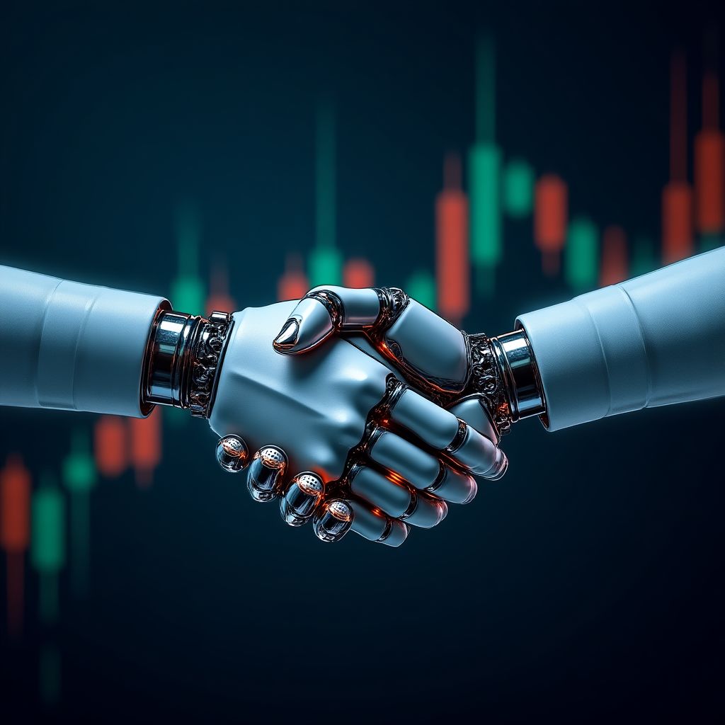 Dos manos robóticas dándose la mano frente a un gráfico de acciones